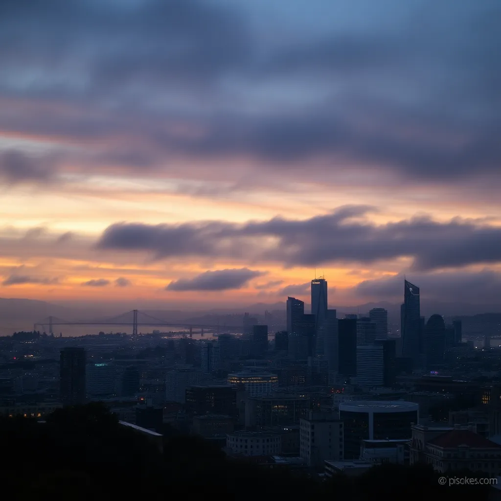 A somber view of a California cityscape at dusk, representing the opioid crisis affecting communities across the state