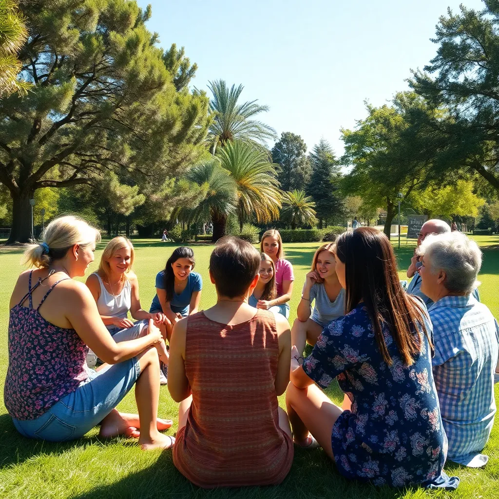 A diverse community gathering in a California park, representing the peer support networks that sustain long-term recovery